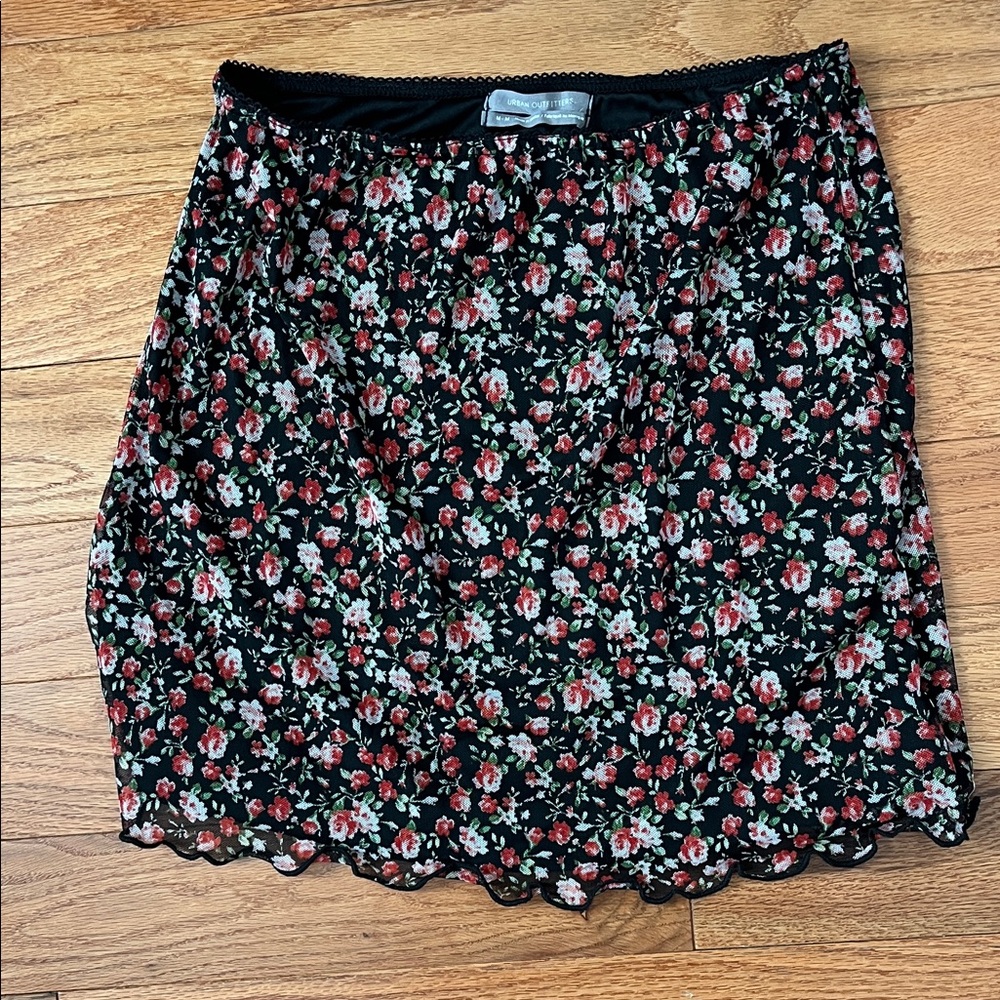Urban Outfitters Floral Scallop Hem Mesh Mini Skirt